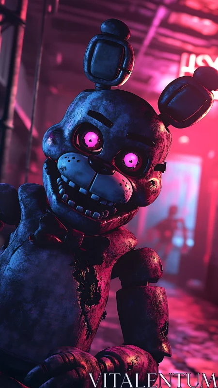 Neon-lit robot bunny grins through eerie arcade glow.