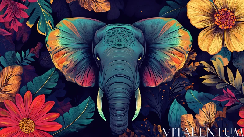 Majestic elephant emerges amid neon tropical florals.