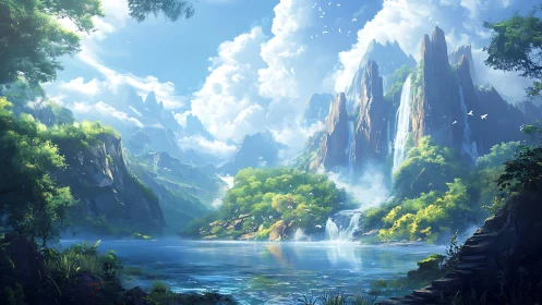 Mountain lake landscape with waterfalls and bright clouds.