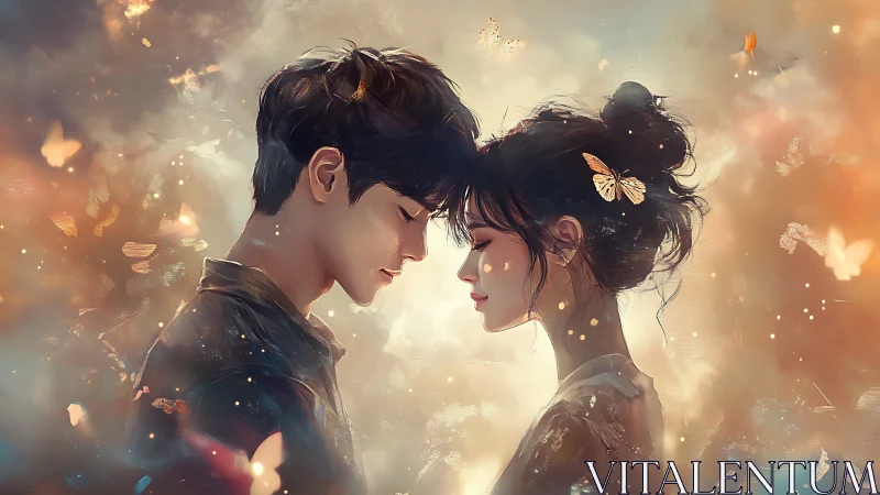 Two figures share an intimate moment in ethereal golden light.