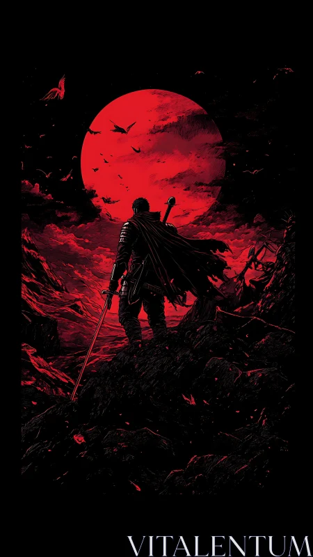 Lone swordsman studies a bleeding moon above ruined cliffs