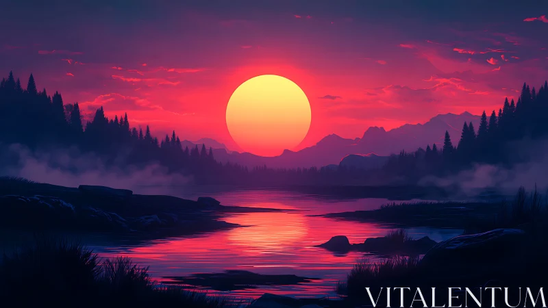 Vibrant digital sunset over misty conifer lake basin