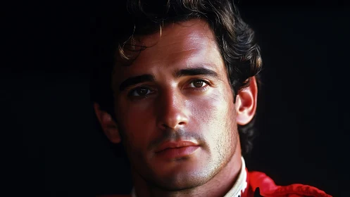 High contrast close portrait of race driver in red suit