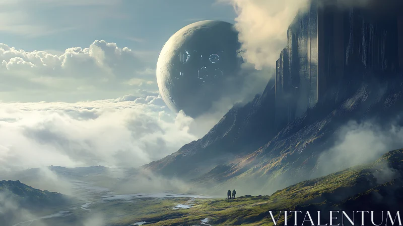 Colossal alien sphere rises above misty cliffs as travelers gaze