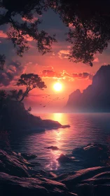 Radiant sunset bathes a tranquil rocky cove in vivid light