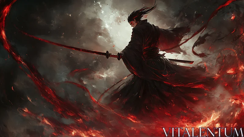 Dark samurai commands flaming blade within storming void