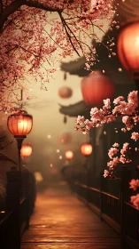Cherry blossoms frame lantern lit wooden walkway at dusk