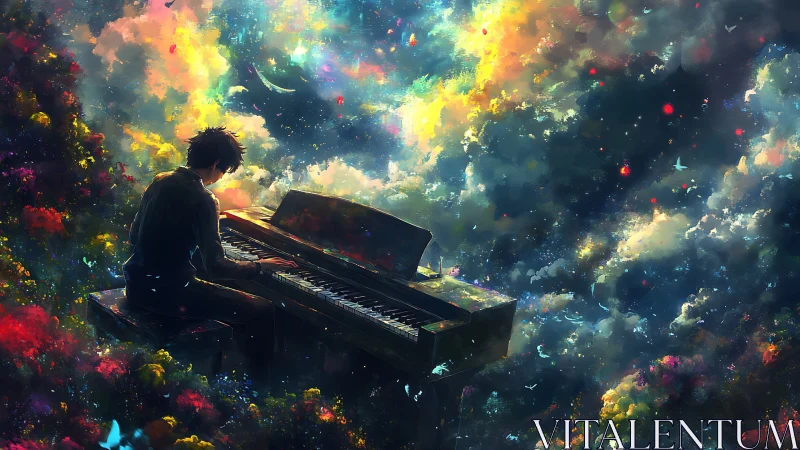 Dreamlit pianist amid cosmic clouds and vivid blossoms.