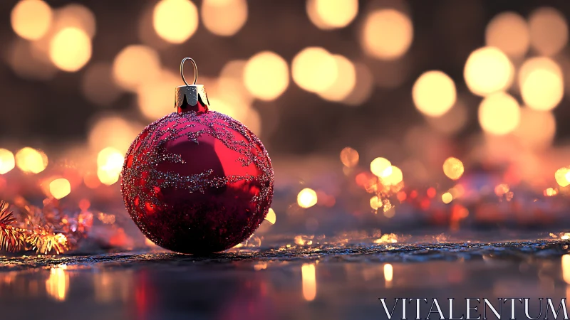 Photorealistic red bauble with bokeh holiday lighting focus.