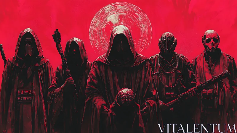 Dark cloaked cultists under crimson sun in digital art.
