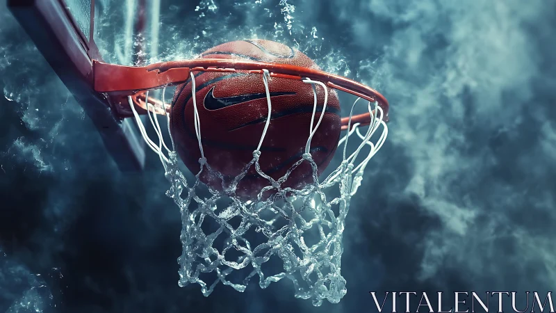 Basketball suspended in hoop with water-splash net effect.