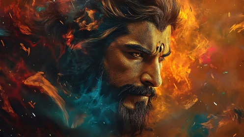 Male profile amid dual-toned fiery and smoky abstract field.