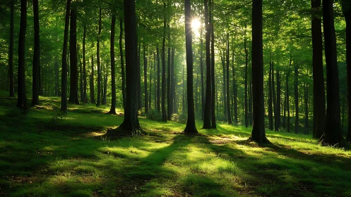 Sunlit green forest with lush grass and tall trees in morning light.