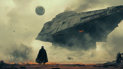 Cloaked figure confronts massive starship amid dense volcanic fog