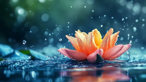Lotus bloom in dynamic water splash with cinematic bokeh.