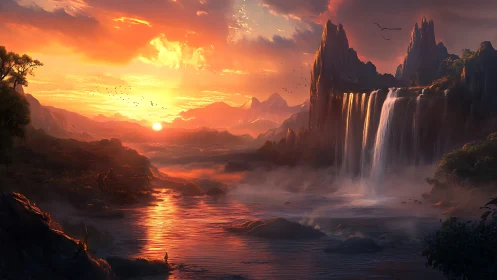 Sunset-lit waterfall landscape with distant mountain range.