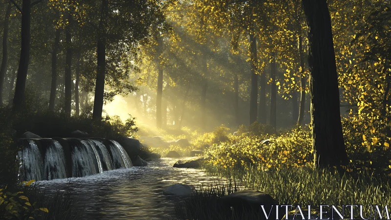 Cascading waterfall illuminated by golden forest canopy light