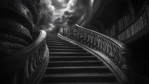 Monochrome baroque staircase ascends toward storm-lit clouds