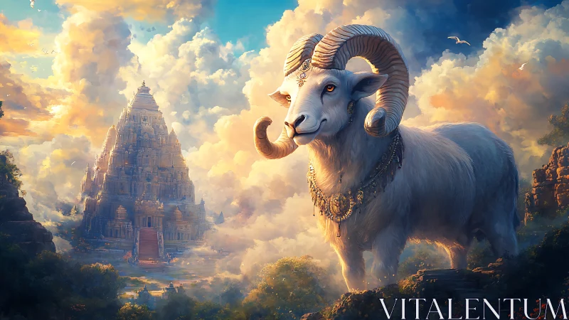 Gentle celestial ram guarding a sunlit sky temple.