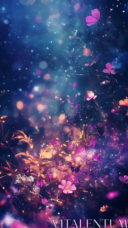Enchanted wildflower garden glows in dreamy cosmic night.
