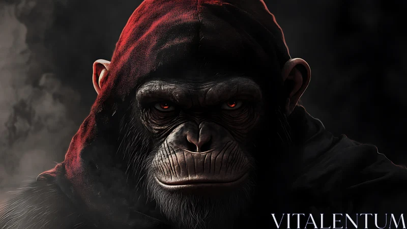 Hooded warlord ape with ember eyes in smoky shadowed hush.