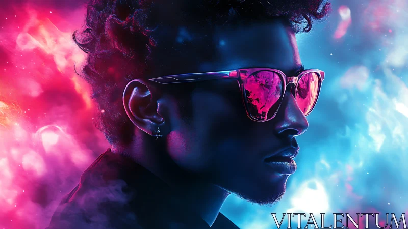 Neon backlit male profile with reflective magenta sunglasses and vapor