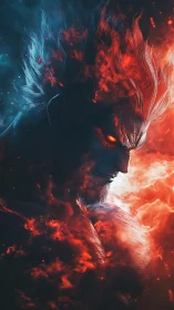 Volumetric pyro-portrait of infernal warrior in thermal discord.