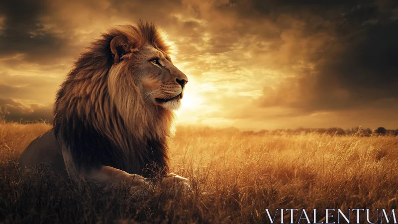 Majestic lion resting under glowing savanna sunset.