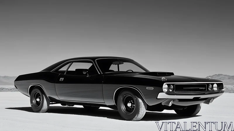 Classic black muscle car gleams in a stark desert landscape