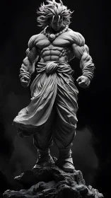 Monochrome muscular warrior statue rendered with high-detail cloth dynamics