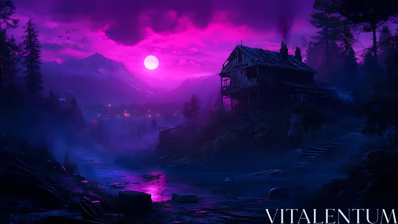 Derelict wooden house overlooks neon magenta moonlit river