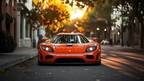 Orange supercar parked on quiet tree lined city street.
