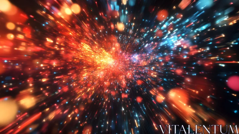 Vivid cosmic explosion with dynamic light bursts, abstract digital art.