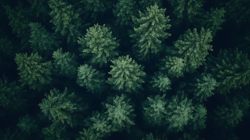 Dense evergreen forest aerial view with rich green tones, natural style.