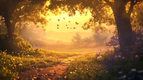 Golden woodland path with butterflies at gentle sunset glow.