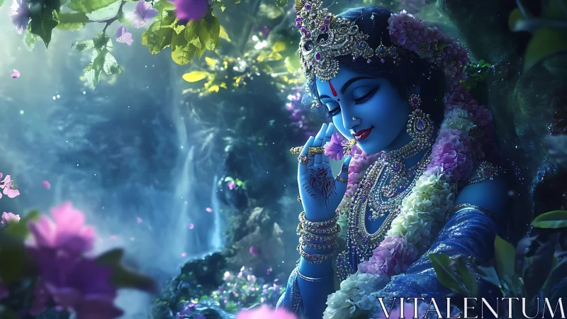 Graceful blue goddess resting among shimmering blossoms.