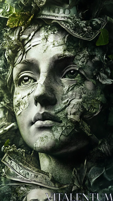Money-sculpted stone face contemplates nature’s silent decay.