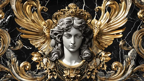 Baroque angel bust with gilded wings on black marble.