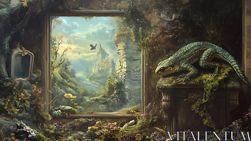 Reptile on stone ledge overlooks framed landscape scene