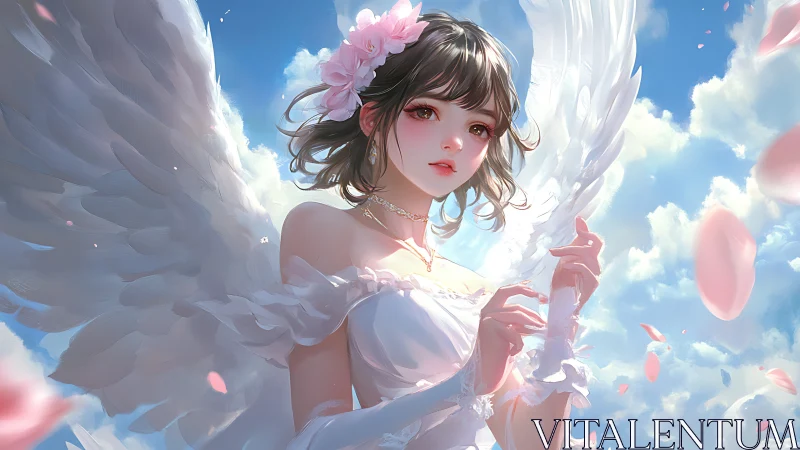 Winged anime girl in white dress against bright sky.