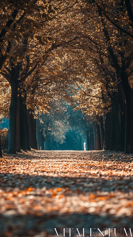 Golden autumn tree tunnel glows above a tranquil forest path