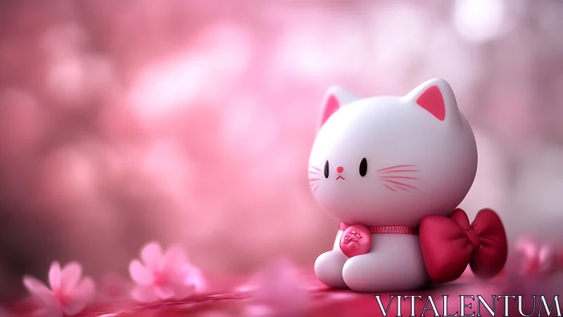 Kawaii white cat figurine with pink bow in blossom glow.