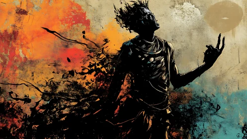 Silhouetted figure dissolves into abstract color clouds