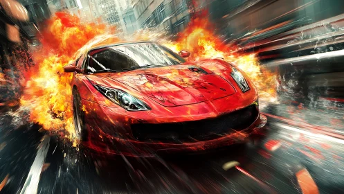 Red supercar erupts through city flames in high speed chaos