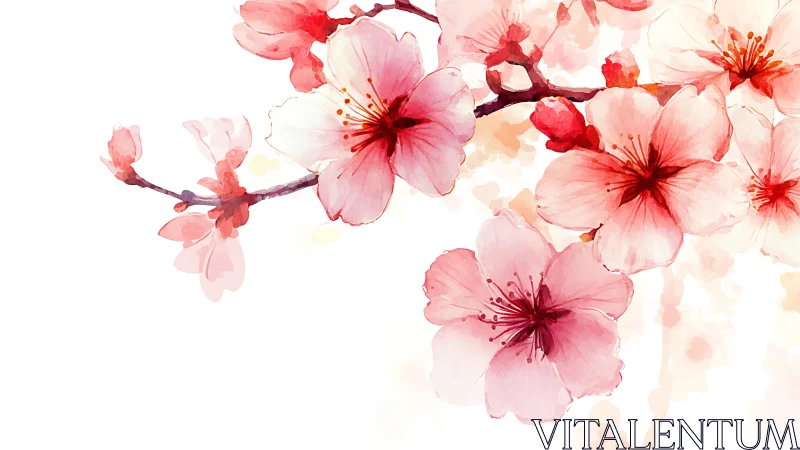 Watercolor Cherry Blossoms on Branch Against White.