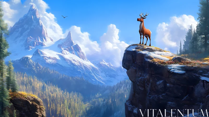 Cartoon deer stands on cliff edge above snowy mountains.