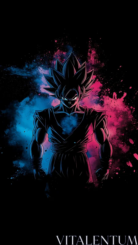 Cosmic warrior silhouette ignites neon chaos in darkness.