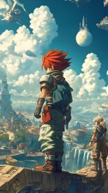 Red-haired explorer surveys a vast floating sky kingdom