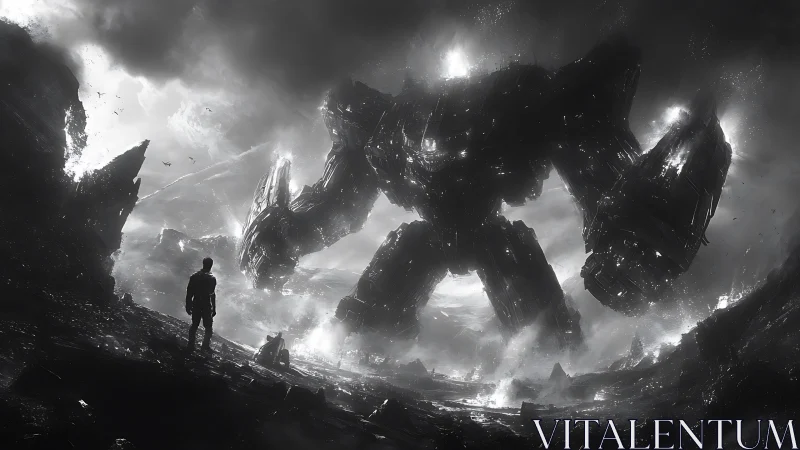 Colossal mech looms over lone figure in ruined wasteland.