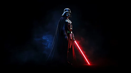 Dark armored warrior with glowing red energy blade poised.